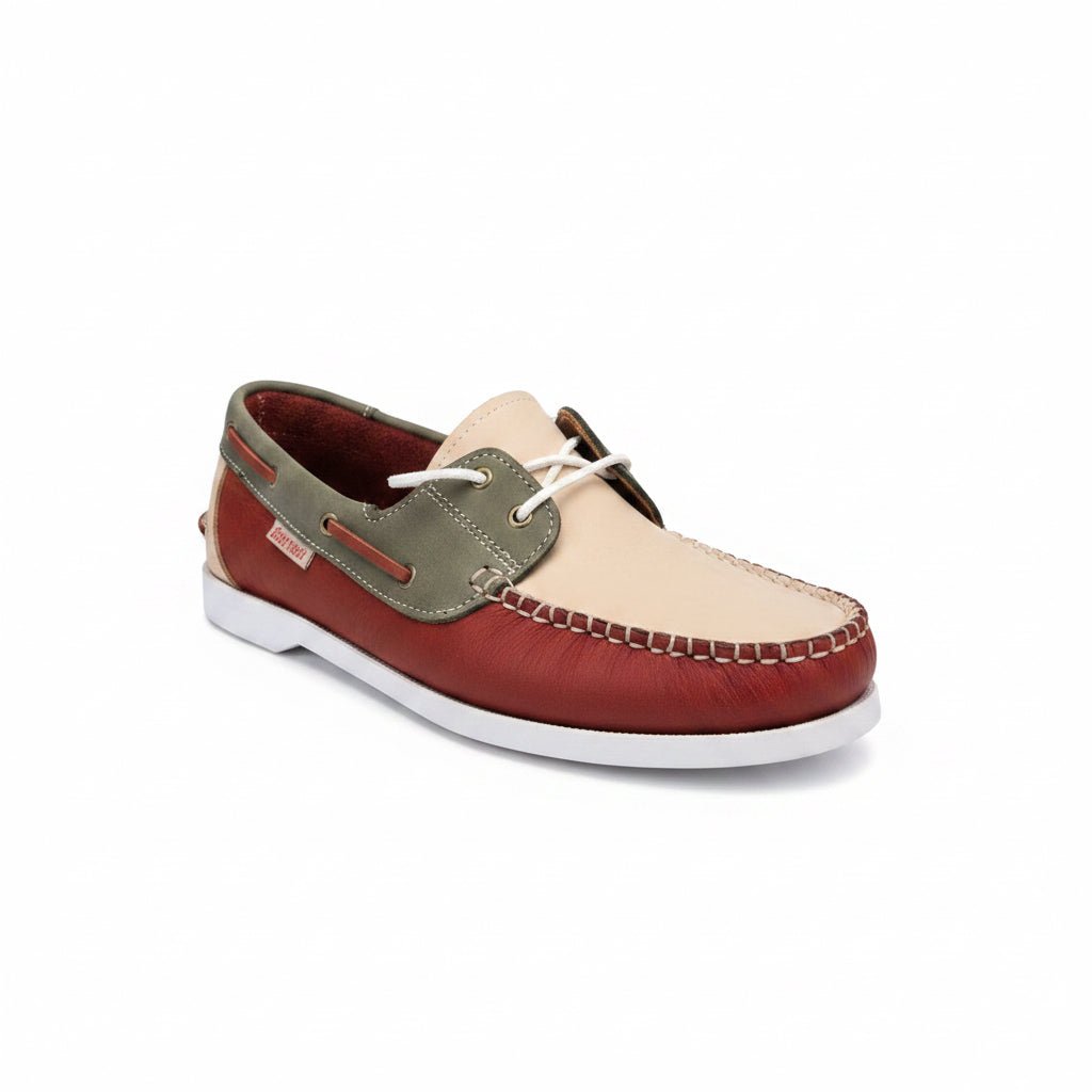 Men's Deckrider Nubuck Boat Shoe in Red, Ice, and Olive with casual slip-on design and durable rubber sole.