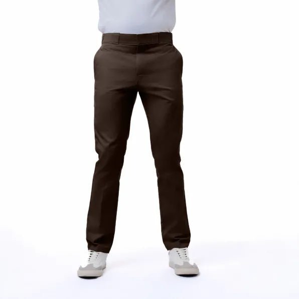 Men's Dickies 847 chocolate work trousers, slim fit with durable fabric, front and back pockets, casual and workwear style.