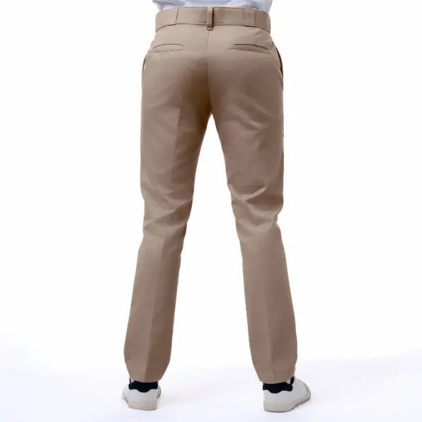 Men's Khaki Dickies 847 Trousers featuring a relaxed fit and durable fabric, perfect for workwear and casual outings.