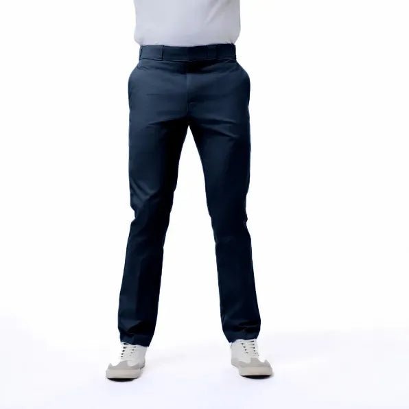 Navy Dickies 847 men's work trousers, durable cotton bottoms with straight-leg fit, shown on a hanger.