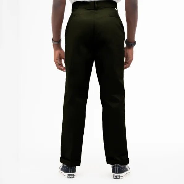 Olive Dickies 847 men's work trousers showing a relaxed fit with belt loops and sturdy fabric for durable casual wear.