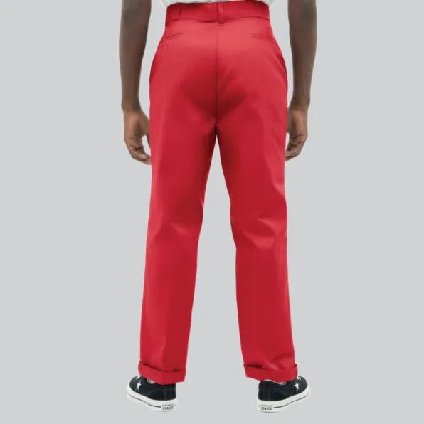 Dickies 847 men's red work trousers showing front view with belt loops and straight-leg fit.
