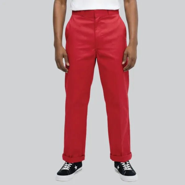 Men's Dickies 847 trousers in red, casual work pants with a straight-leg fit and durable fabric.