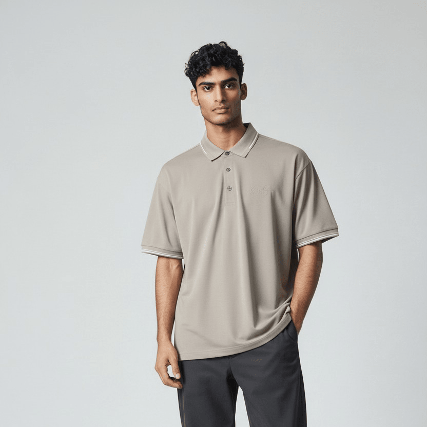 Men's Enrico Coveri Roma Golfer 8281 in stone, lightweight cotton polo shirt with classic collar and short sleeves.