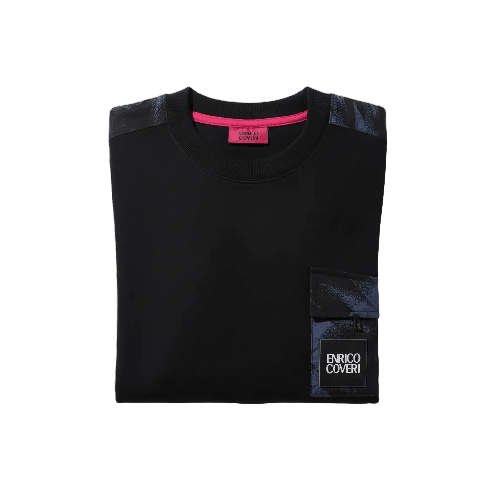 Black Enrico Coveri men's sweater with a classic crew neck and ribbed cuffs, showcased on a plain background.