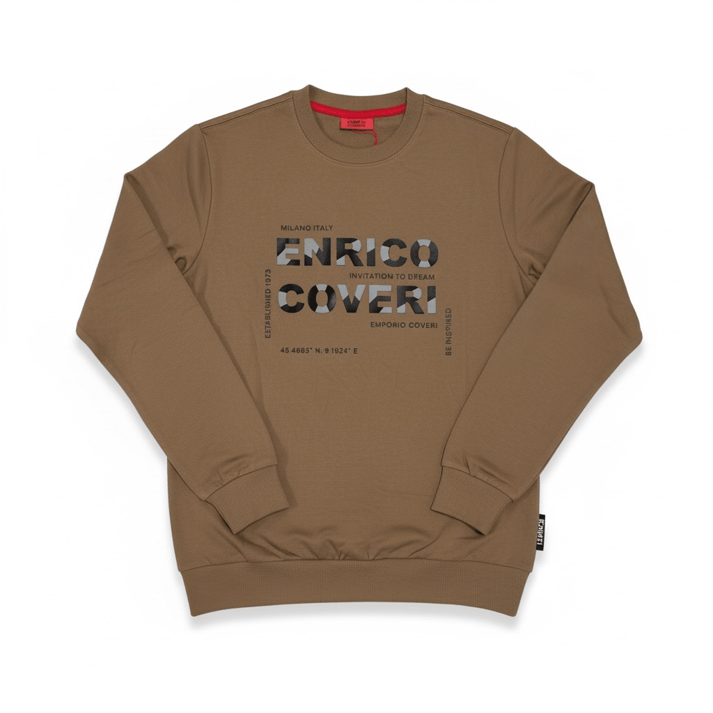 Enrico Coveri men's camel sweater with a classic fit, featuring a soft knit fabric and ribbed cuffs for comfort.