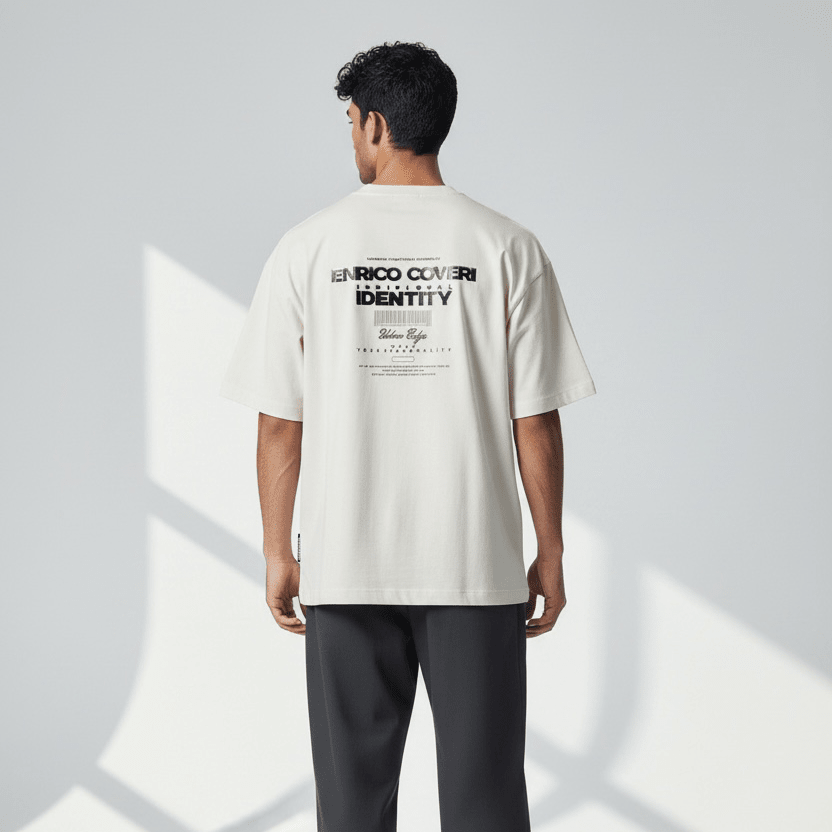 Cream Enrico Coveri men's T-shirt with a classic crew neckline and subtle branding, displayed on a white background.