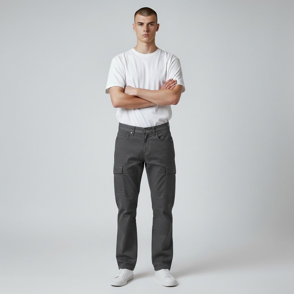 Men's dark charcoal cargo bottoms by KG, featuring multiple pockets and a relaxed fit for casual wear.