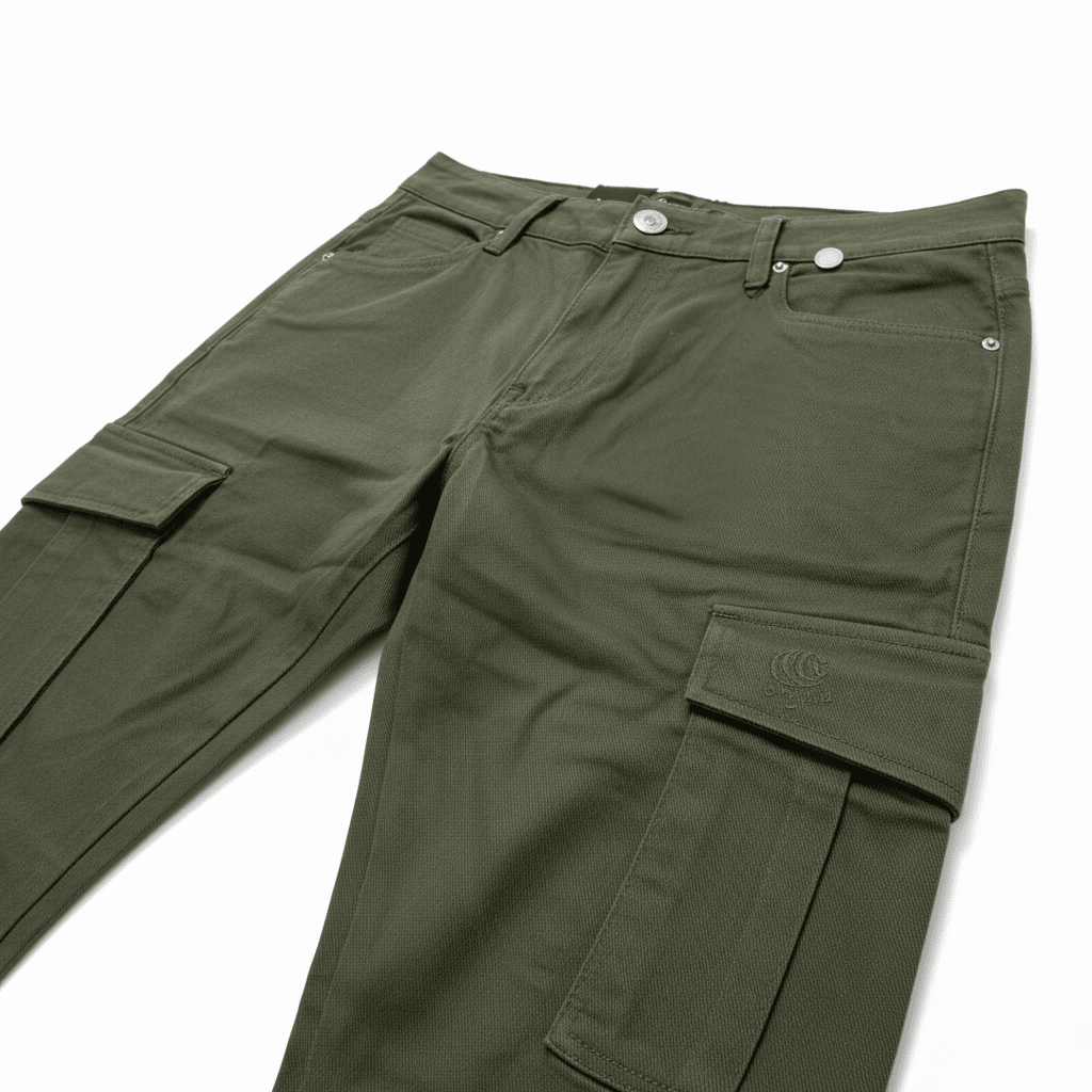 Men's olive green cargo bottoms by KG, featuring multiple pockets and a relaxed fit for casual wear.
