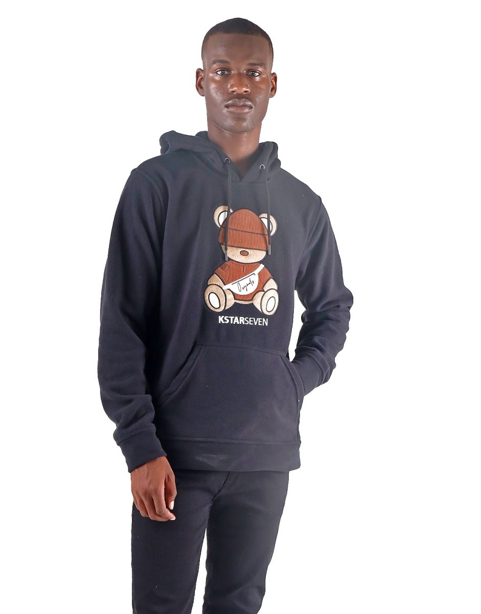 Black Klevas Teddy Hoodie for men, showing the soft fabric, hood, and relaxed fit of this stylish men's hoodie.