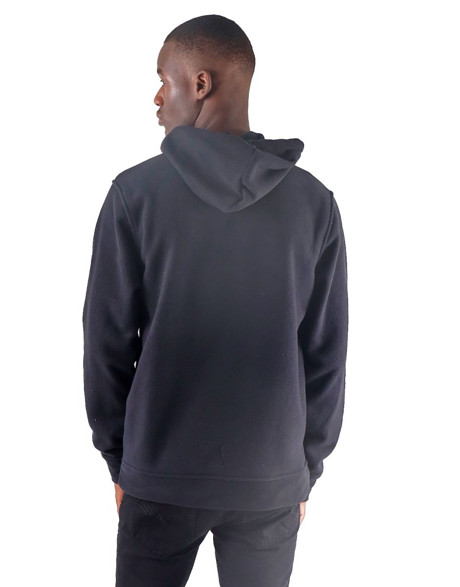 Black Klevas Teddy Hoodie for men, featuring a cozy fleece design and adjustable drawstrings, displayed on a model.