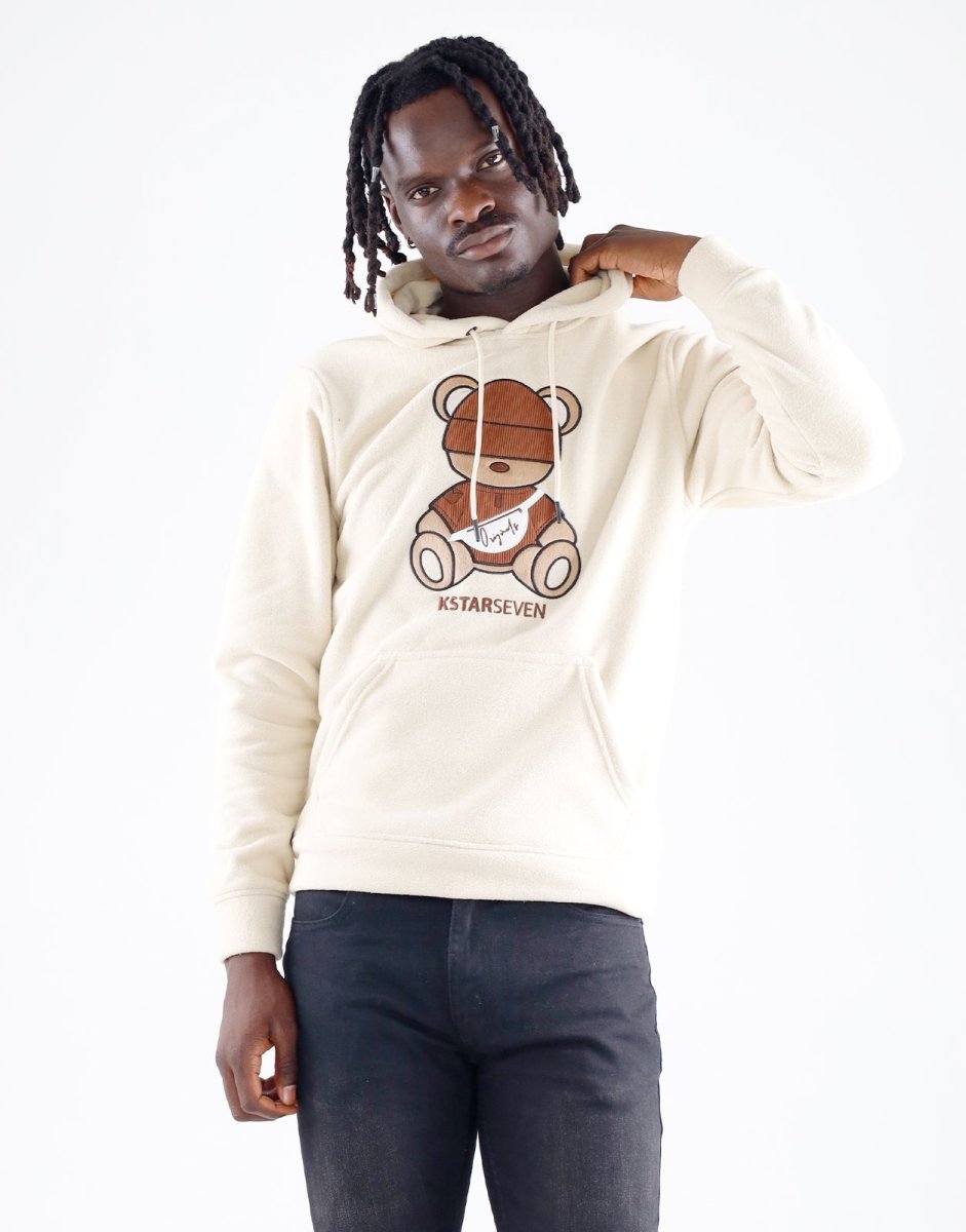 Klevas Teddy Hoddy in stone color, men's hoodie made of soft fabric with a relaxed fit and hood, featuring a teddy texture.