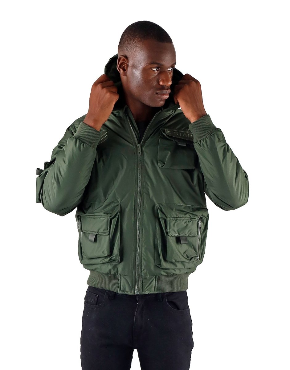 Men's Klevas Union Jacket in olive color, featuring a casual fit with a stand collar and zip-up front, displayed on a hanger.