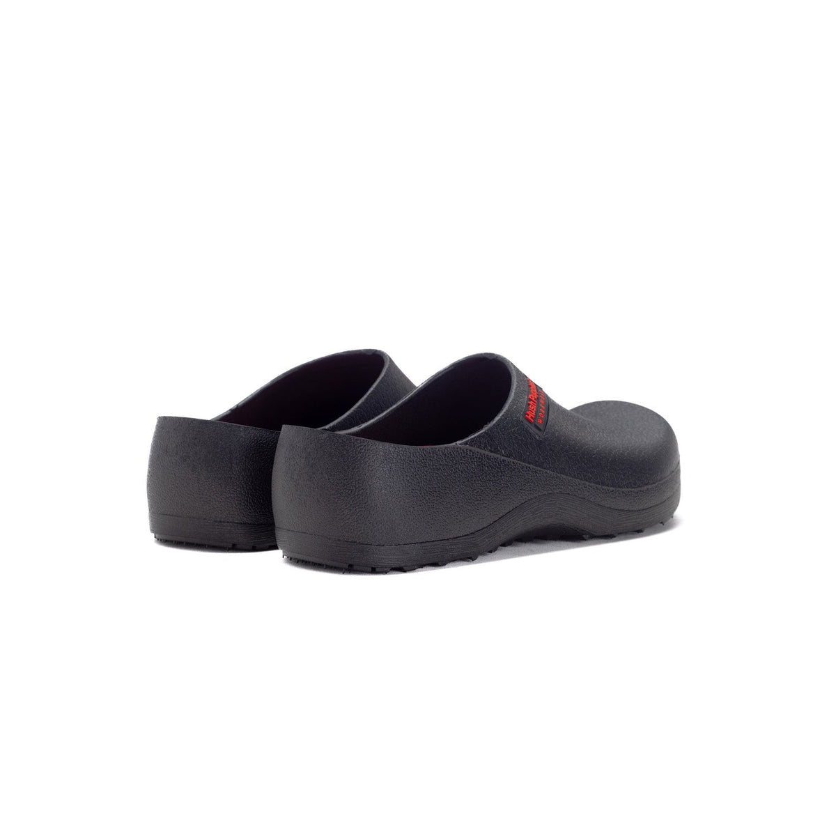 Hush Puppies black workwear clog with a closed toe and slip-on design