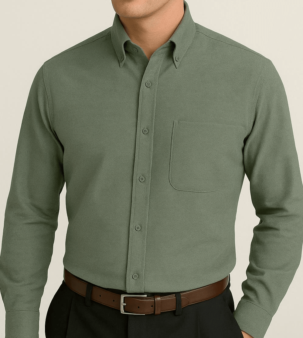 Green Lorenzini LO79/26 men's shirt displayed on a hanger, showcasing the casual collar and button front design.