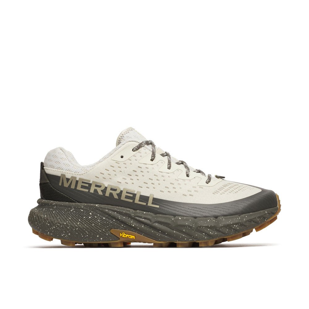 Men's Merrell Agility Peak 5 sneakers in Stucco and Beluga color, featuring breathable mesh and rugged outsole for outdoor activities.