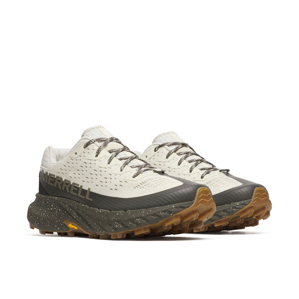 Men's Merrell Agility Peak 5 sneakers in Stucco and Beluga color, featuring breathable mesh and durable hiking outsole.