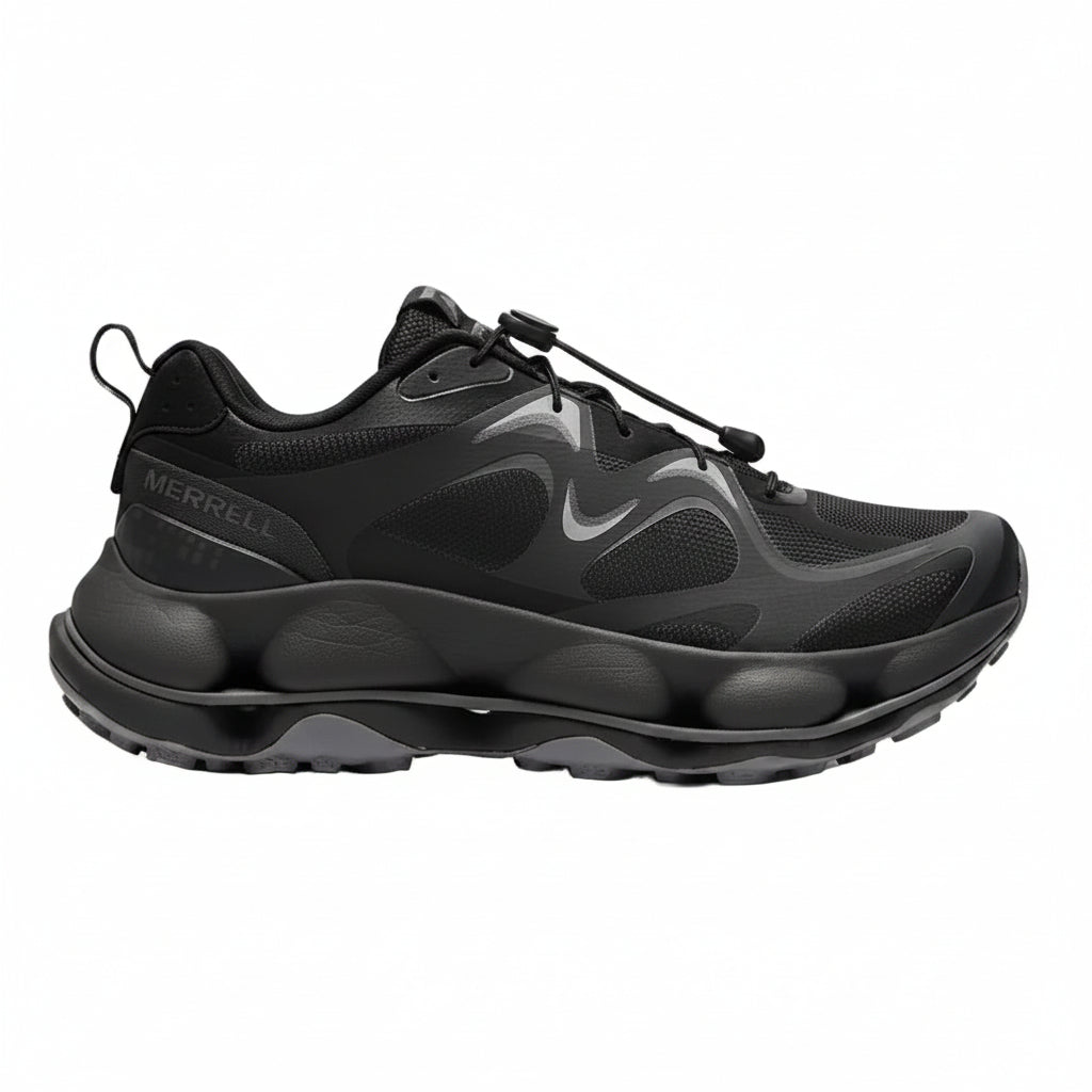 Men's Merrell Speed Arc Matis black sneakers with breathable mesh and supportive sole, designed for outdoor activity and comfort.