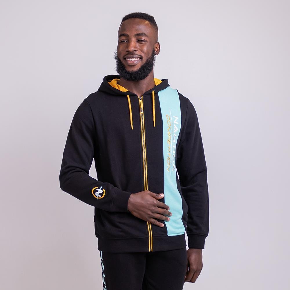 Nautica men's black hoodie with front pocket and drawstrings, made from soft, comfortable fabric.