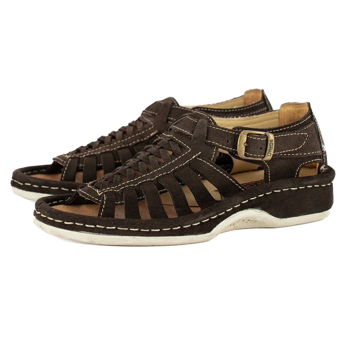 Omega Kgosi men's sandals in chocolate Madrid suede featuring a stylish slip-on design and cushioned footbed.