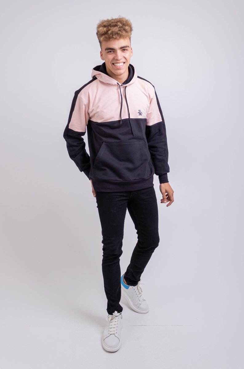 Black Penguin men's hoodie with peach graphic design, featuring a comfortable fit and casual style.