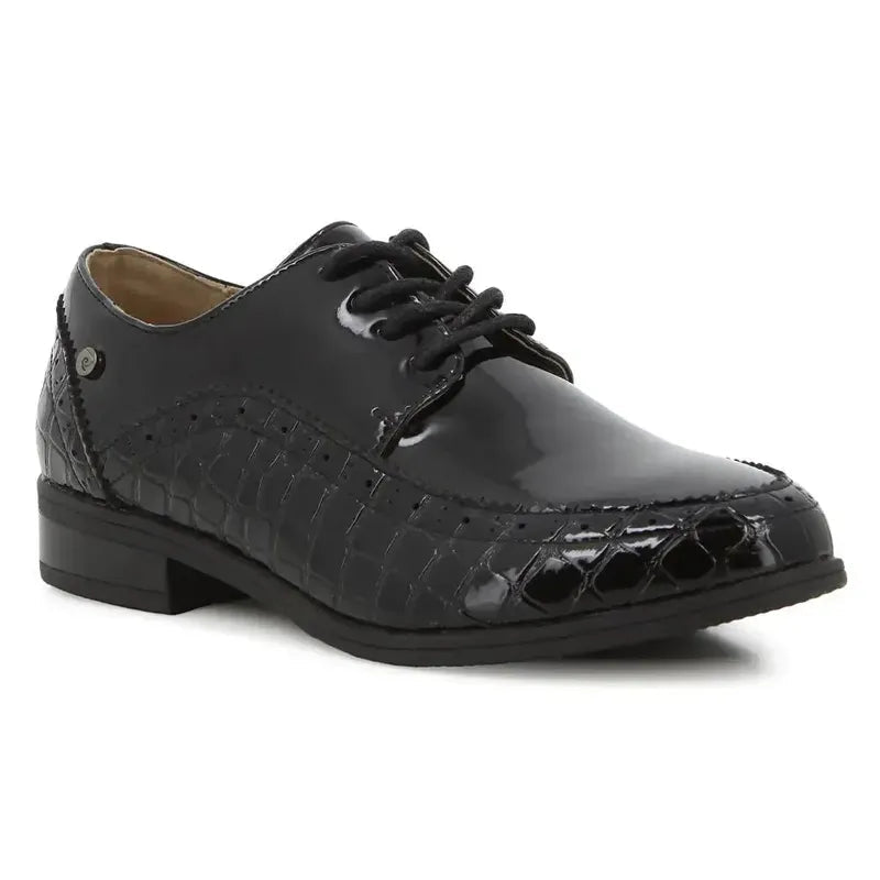 Black patent women's casual footwear by Pierre Cardin, stylish and comfortable slip-on shoes with sleek design.