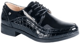 Black patent women's casual footwear by Pierre Cardin, featuring sleek design and comfortable slip-on style.