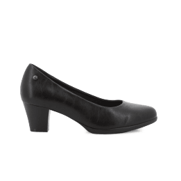 Black Pierre Cardin women's mid-heel court shoe with a sleek, classic design, ideal for formal wear and professional settings.