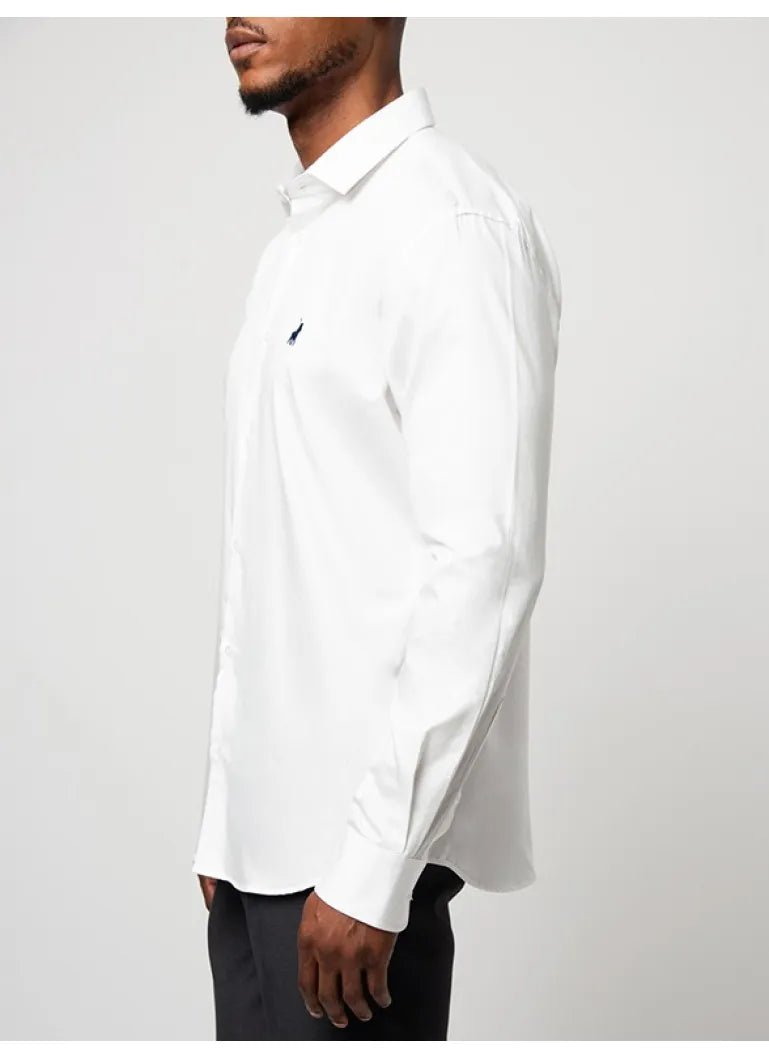 White Polo Greig Custom Fit men's shirt displayed on a hanger, showcasing a classic polo collar and clean design.