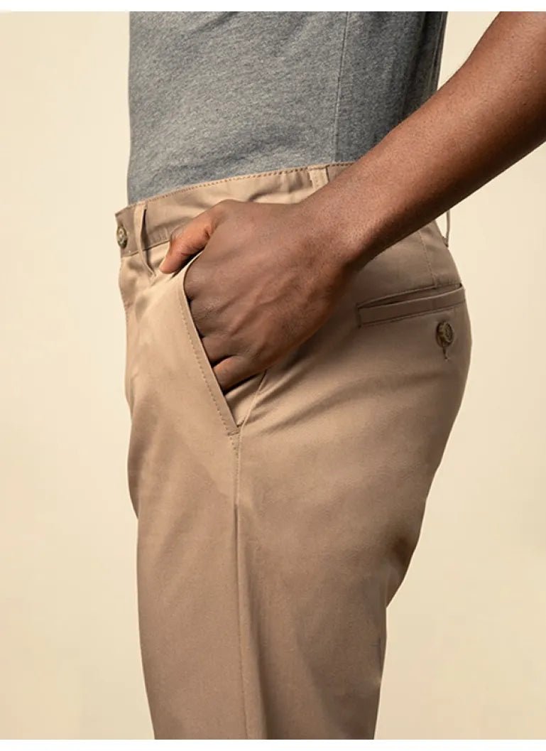 Men's Polo Essential straight leg chino in taupe, showing the classic fit and durable fabric of these versatile men's chinos.