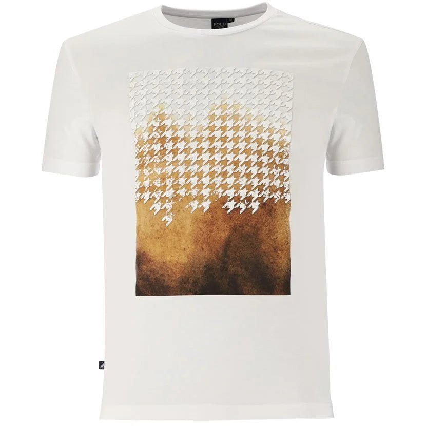 Polo men's white printed houndstooth tee, casual short-sleeve shirt with stylish pattern, classic fit, and comfortable fabric.