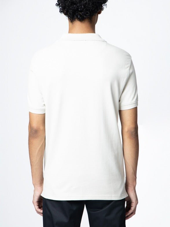Men's white Polo stretch pique golfer shirt, classic polo style with a comfortable fit, made by Polo.