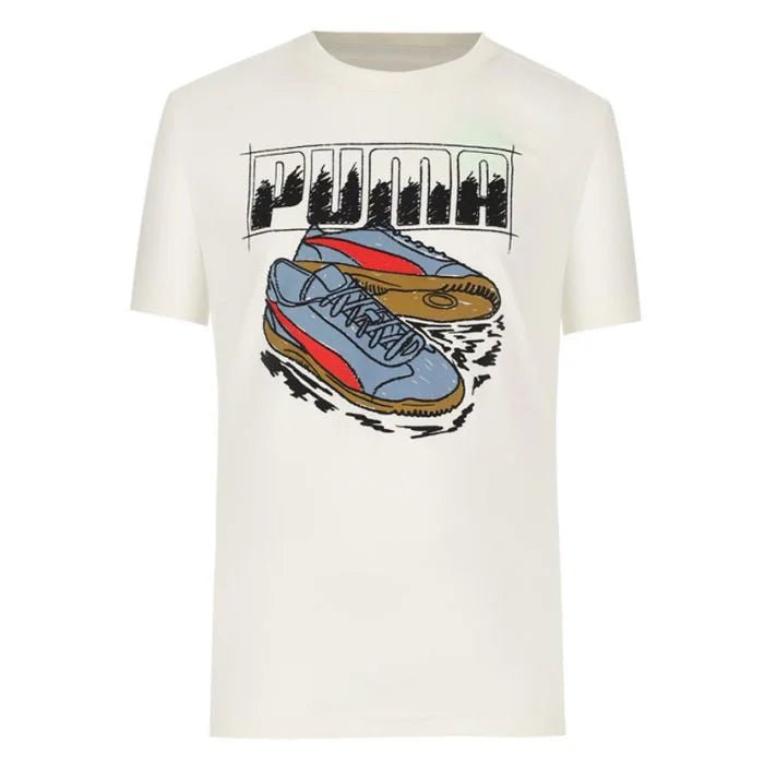Puma Kids T-shirt featuring a graphic sneaker design in black and white with PUMA branding.