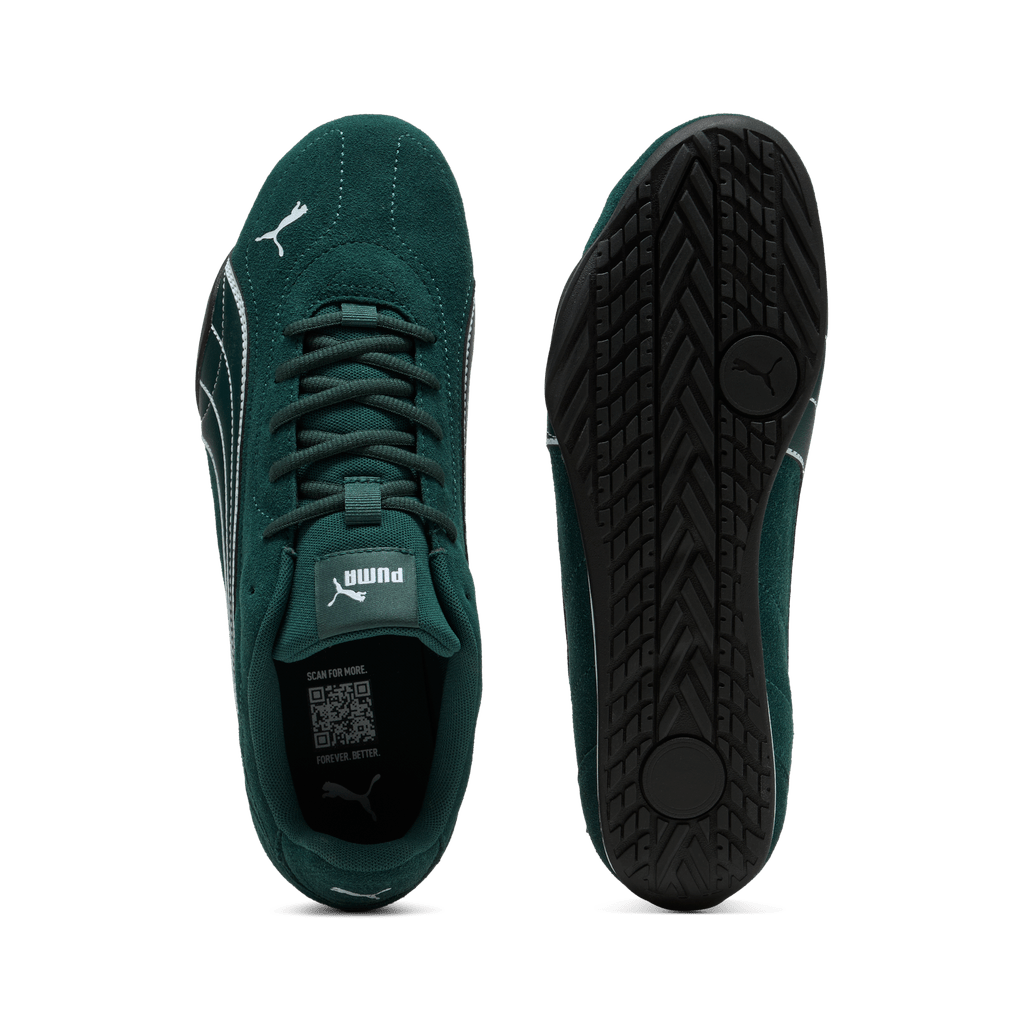 Puma men's Catch Suede sneakers in green, white, and black with suede upper and sporty design.