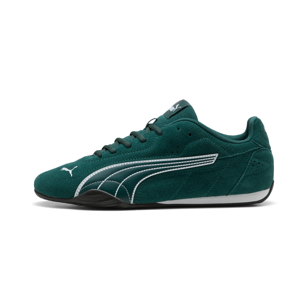 Puma men's Catch Suede sneakers in green, white, and black with suede and fabric details, casual athletic footwear.