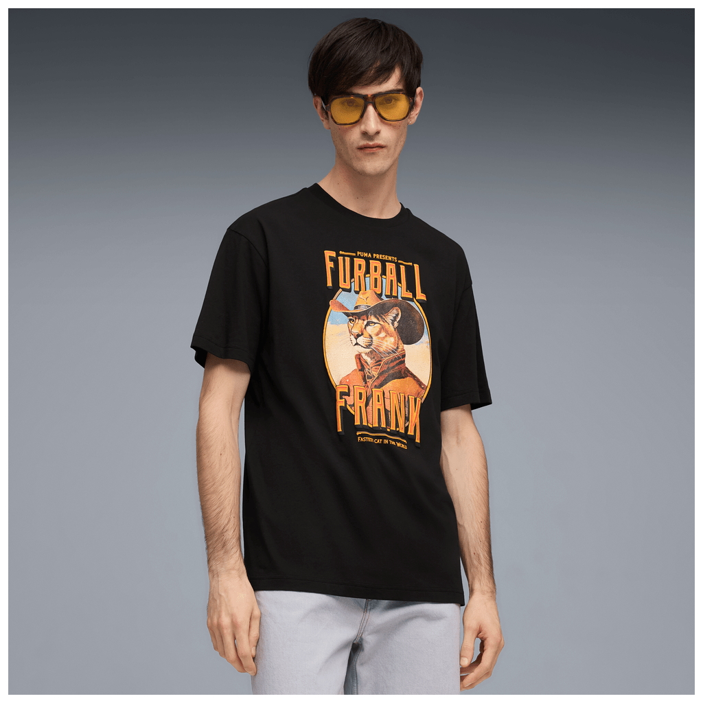 Puma men's graphic cowboy T-shirt in black with cowboy-themed design and Puma logo, casual fit, short sleeves.