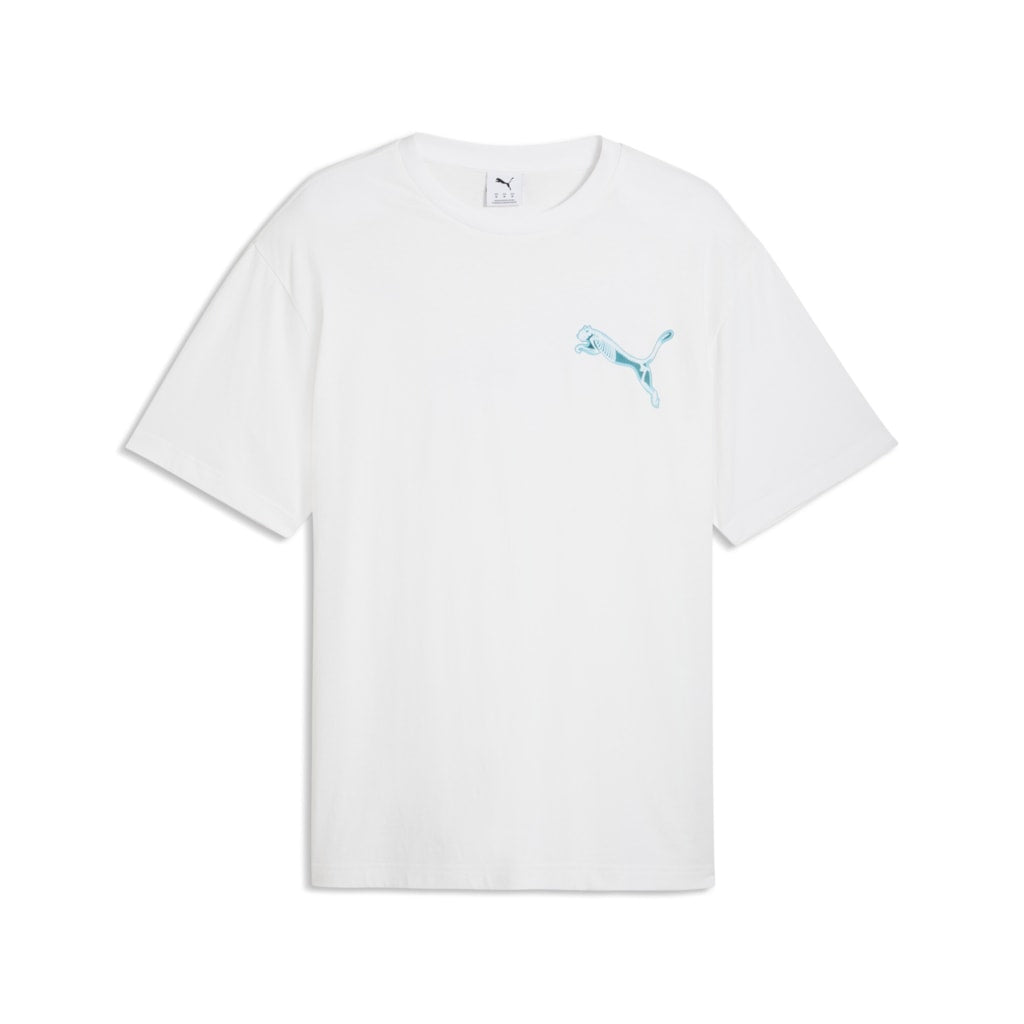 Puma men's graphic X-ray relaxed T-shirt in black with abstract print, made from comfortable cotton fabric.