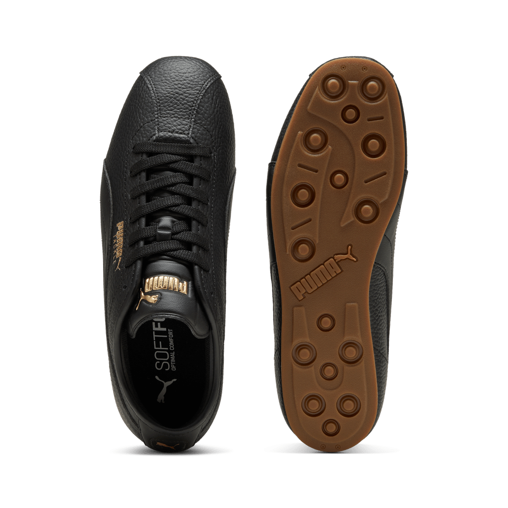 Puma men's Tackle L sneakers in black with gold and gum accents, showcasing sporty design and athletic shoe features.