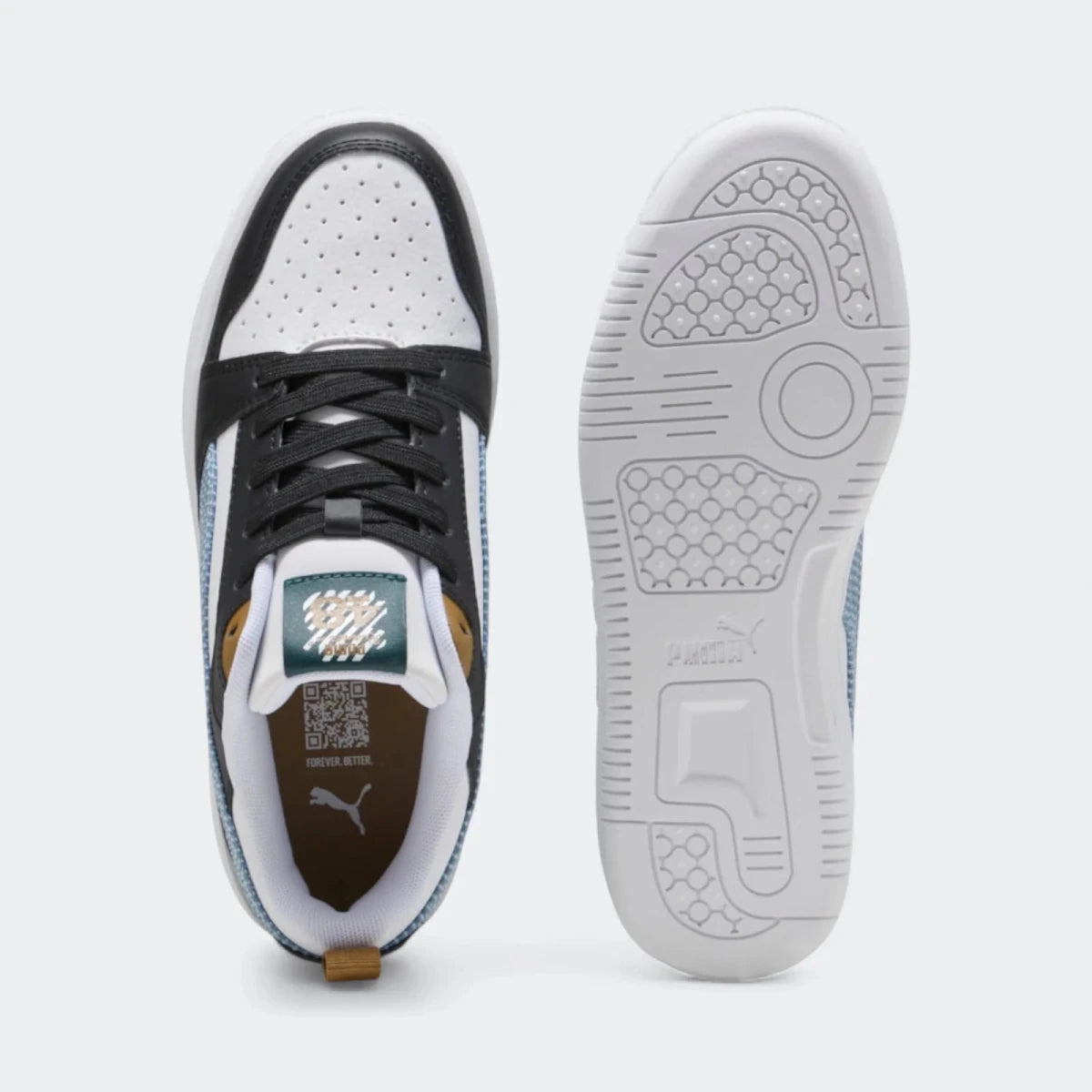 Puma Kids Rebound V6 Lo Run Fun sneakers in black and white, featuring sporty design and comfortable sole for active kids.