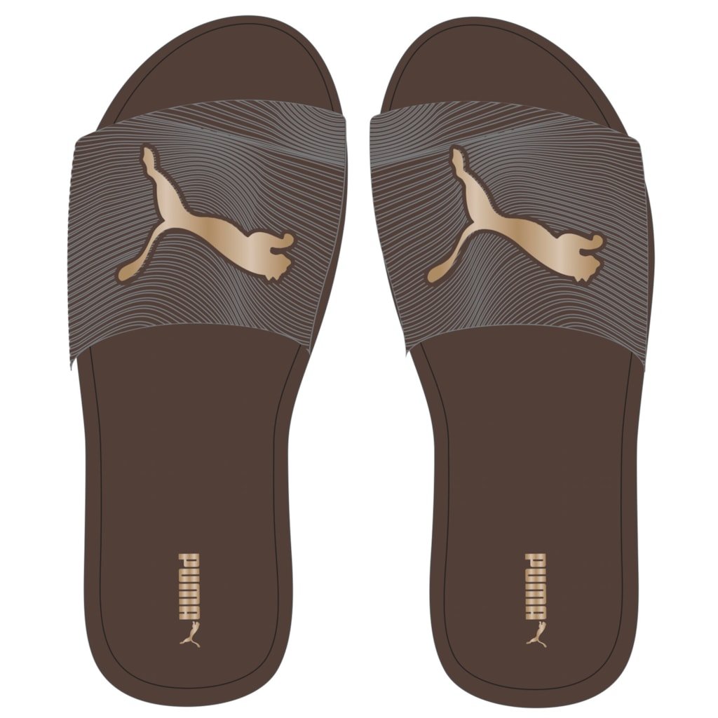 Puma men's sporty embossed brown slide sandals with textured design and open toe for casual wear.