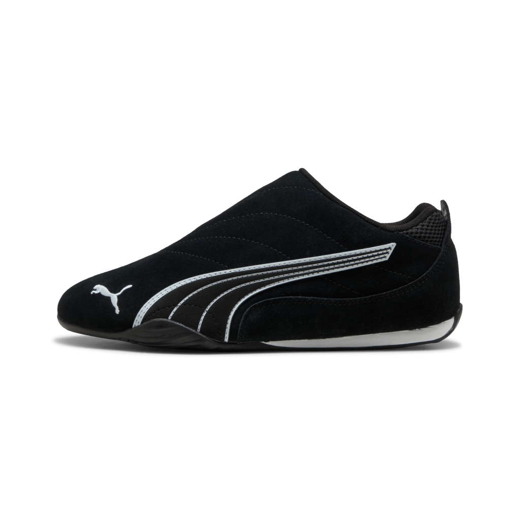 Puma women's Catch Soleil slip-on sneakers in black and white with breathable fabric and cushioned sole.