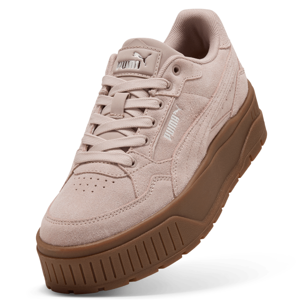 Puma women's Karmen Idol II sneakers in Rose Latte suede, showcasing stylish rose-colored women's sneakers with white soles.