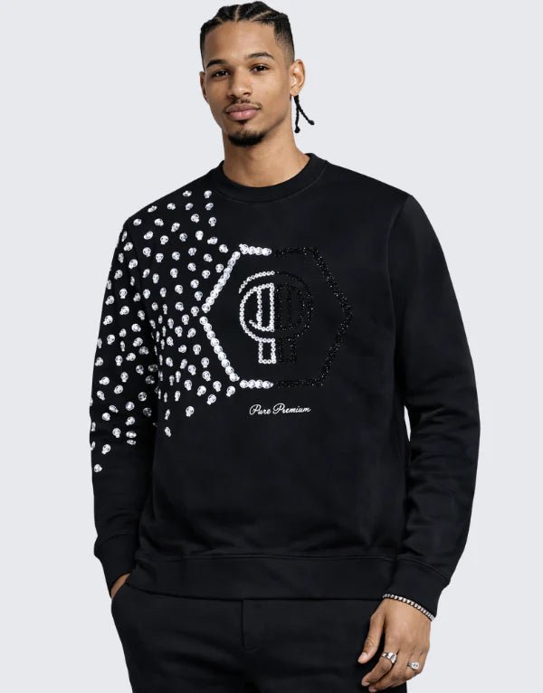 Black Pure Premium Brava men's sweater displayed flat, showcasing its knit texture and classic crewneck design.