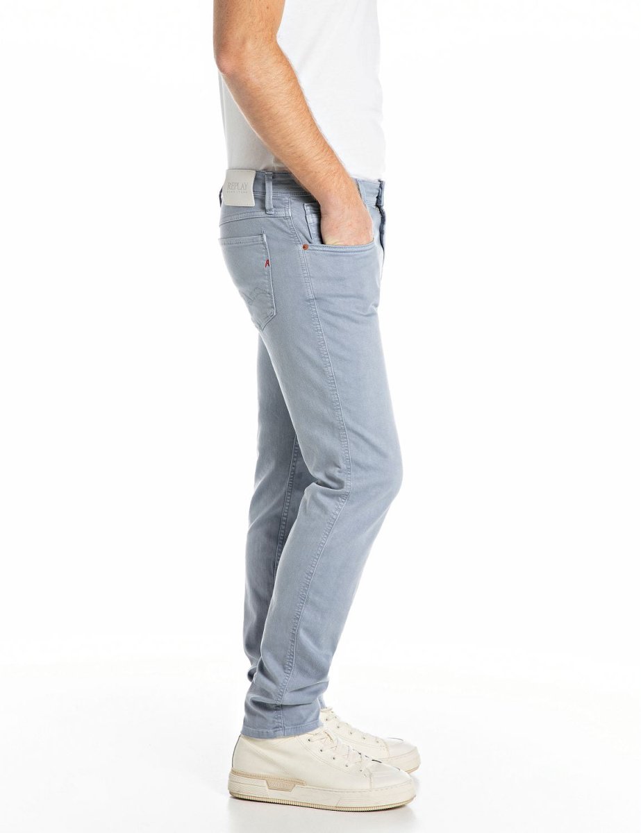 Replay Bull Denim Men's Jean in Perwinkle color, showing the classic fit and detailed stitching on the denim fabric.