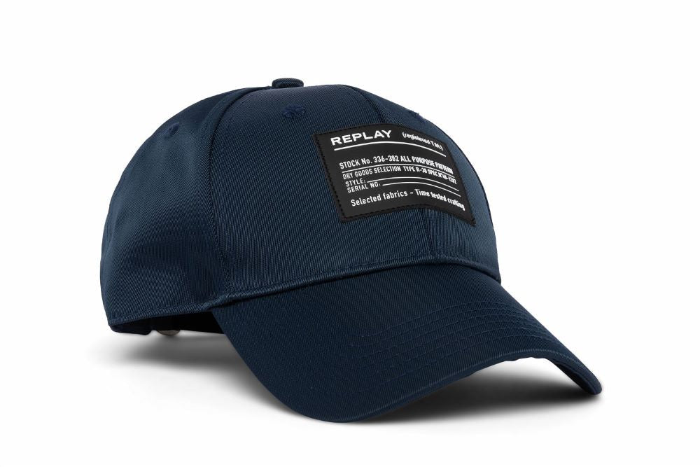 Navy Replay cap for men with adjustable strap and curved brim, stylish headwear from Replay brand.
