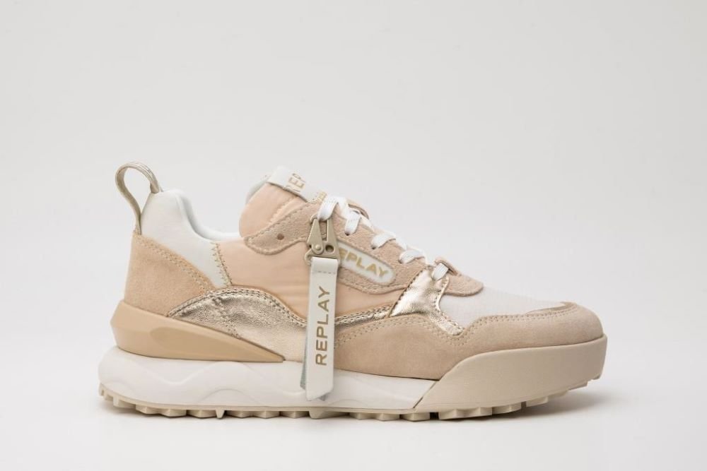 Replay women's Field Metal sneakers in ecru and platinum with metallic finish, featuring a sleek design and comfortable fit.