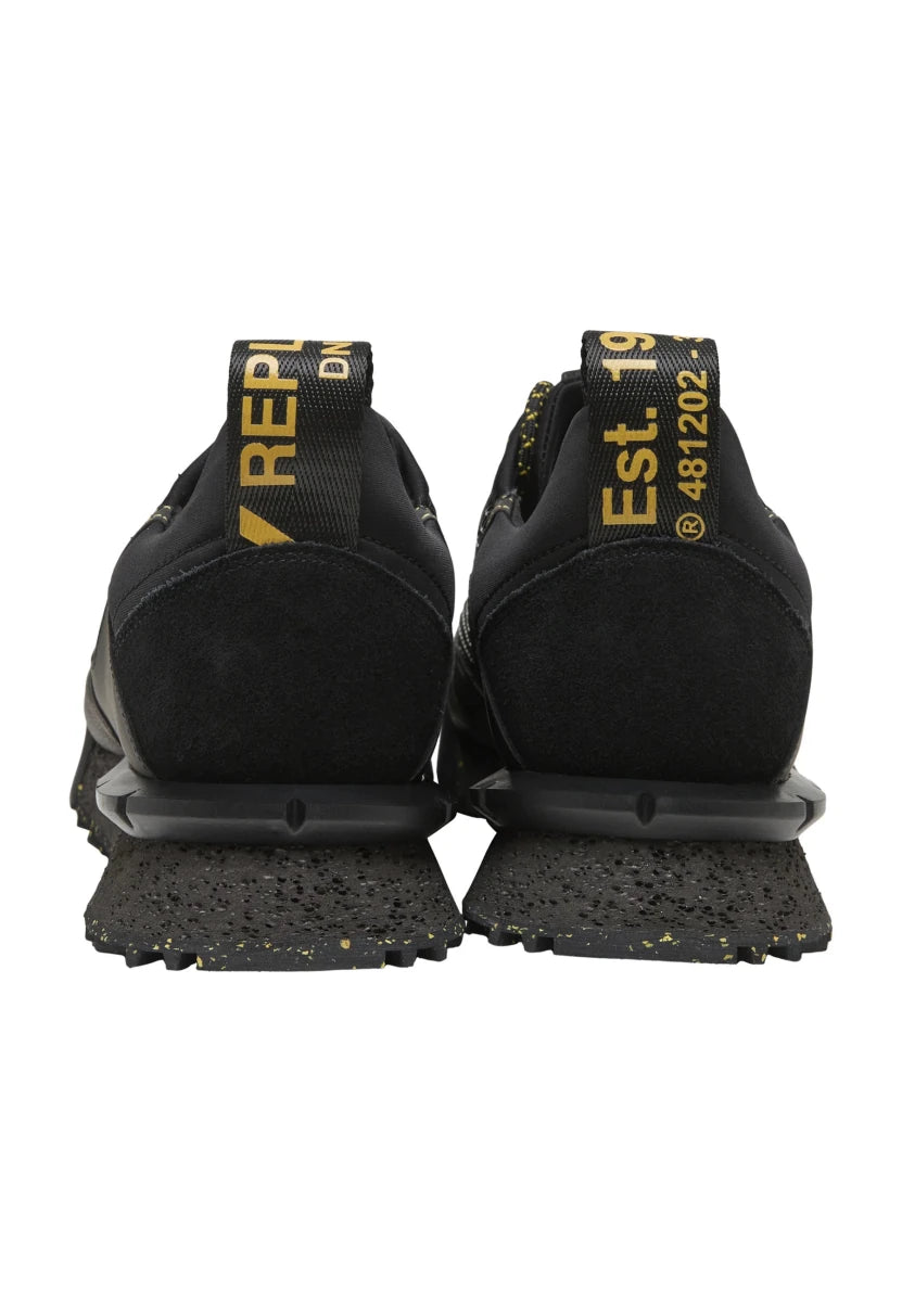 Replay Field Speed Grid 26 men's sneakers in black and yellow with sporty design and breathable mesh material.