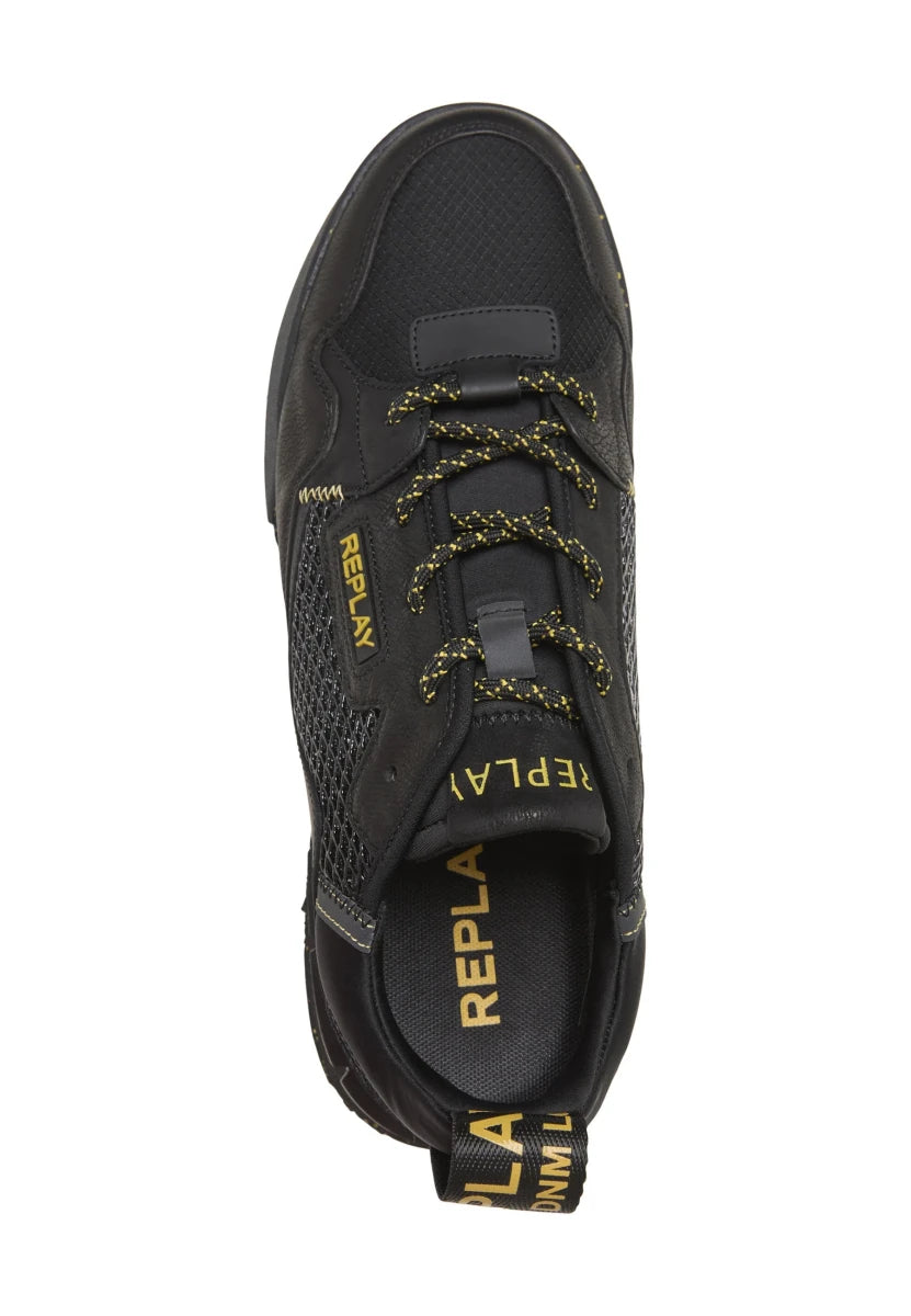 Replay Field Speed Grid 26 men's sneakers in black and yellow with breathable mesh and supportive midsole for athletic comfort.