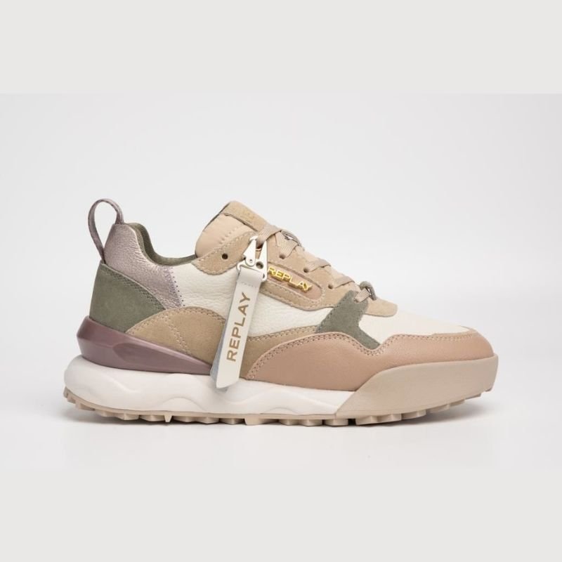 Replay Women's Field Trend sneakers in white, ecru, and olive with stylish design and comfortable fit.