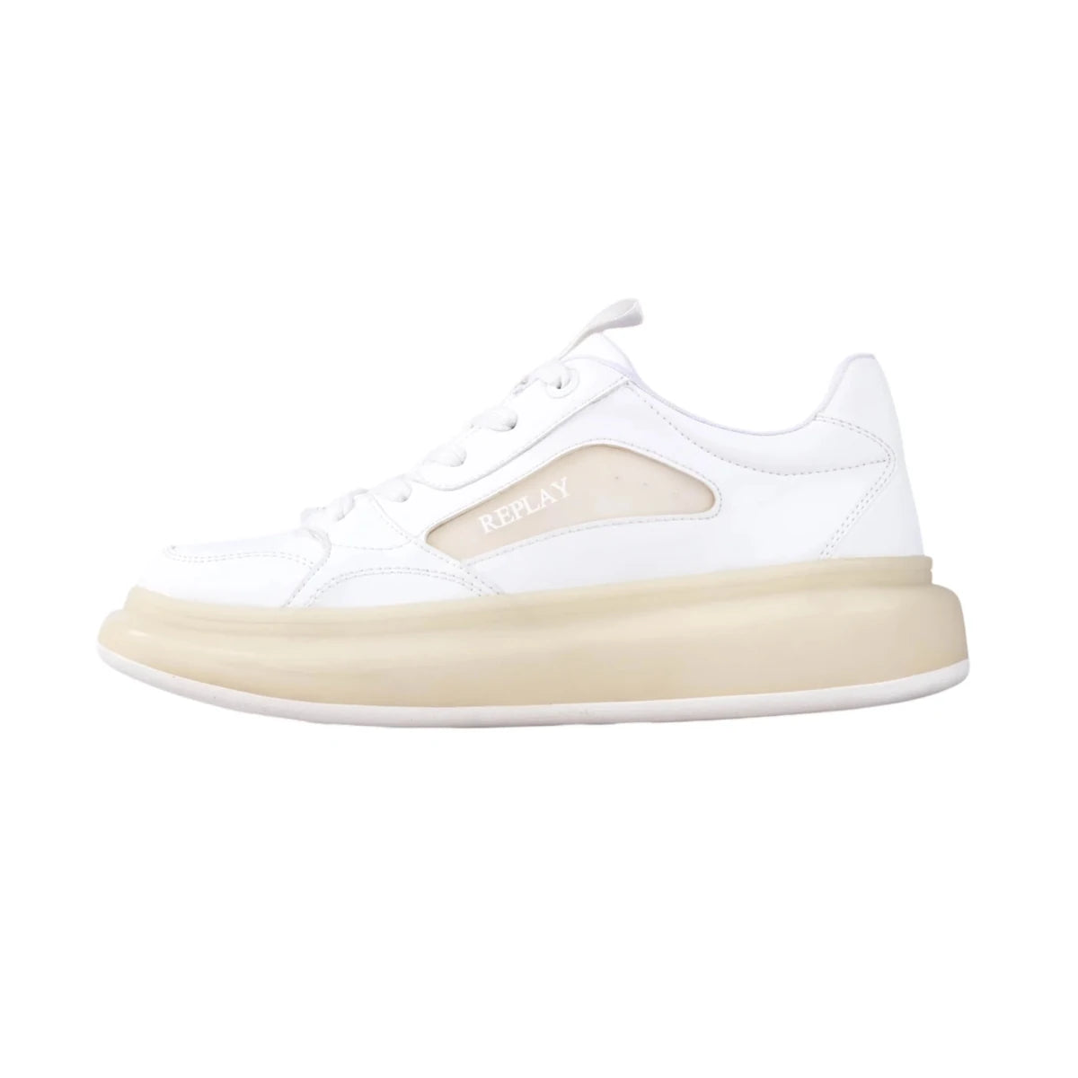 Replay Glax Clear White men's sneakers with transparent accents and white sole, stylish casual footwear by Replay.